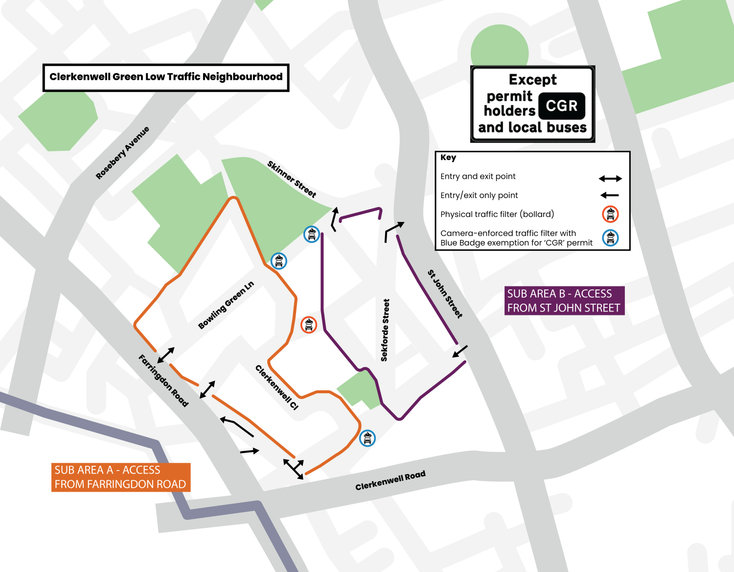 Map of Clerkenwell Green Low Traffic Neighbourhood showing access from St John Street and from Farringdon Road with entry and exit points