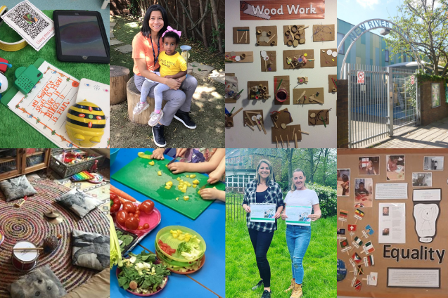 A montage showing kids handling vegetables, crafts, wood work, and staff