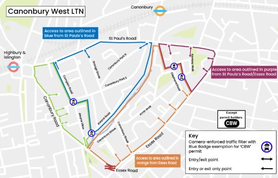 A map using coloured lines and symbols that show the traffic filters for the people-friendly streets in Canonbury West.