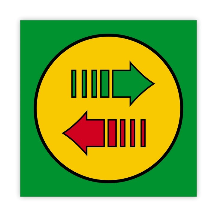 Green arrow and red arrow pointing in opposite directions on a yellow circle